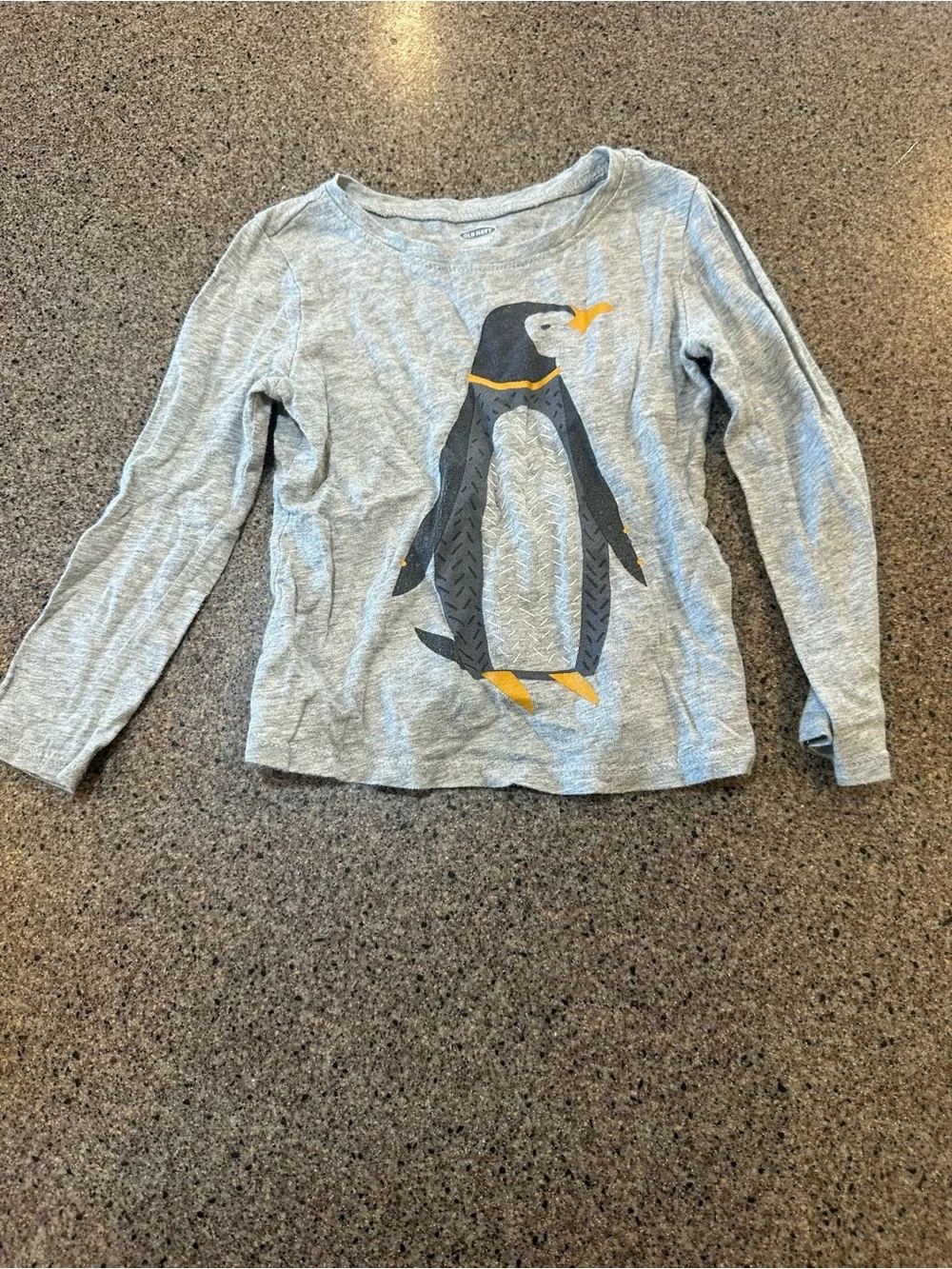 Old Navy Gray Long-Sleeve Tee with Penguin Graphic and Yellow Accents